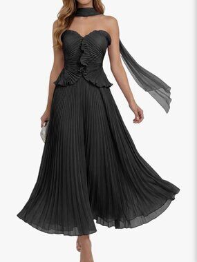 Women's Strapless Long Black Dress Chiffon Ruffled Ruched Formal Cocktail